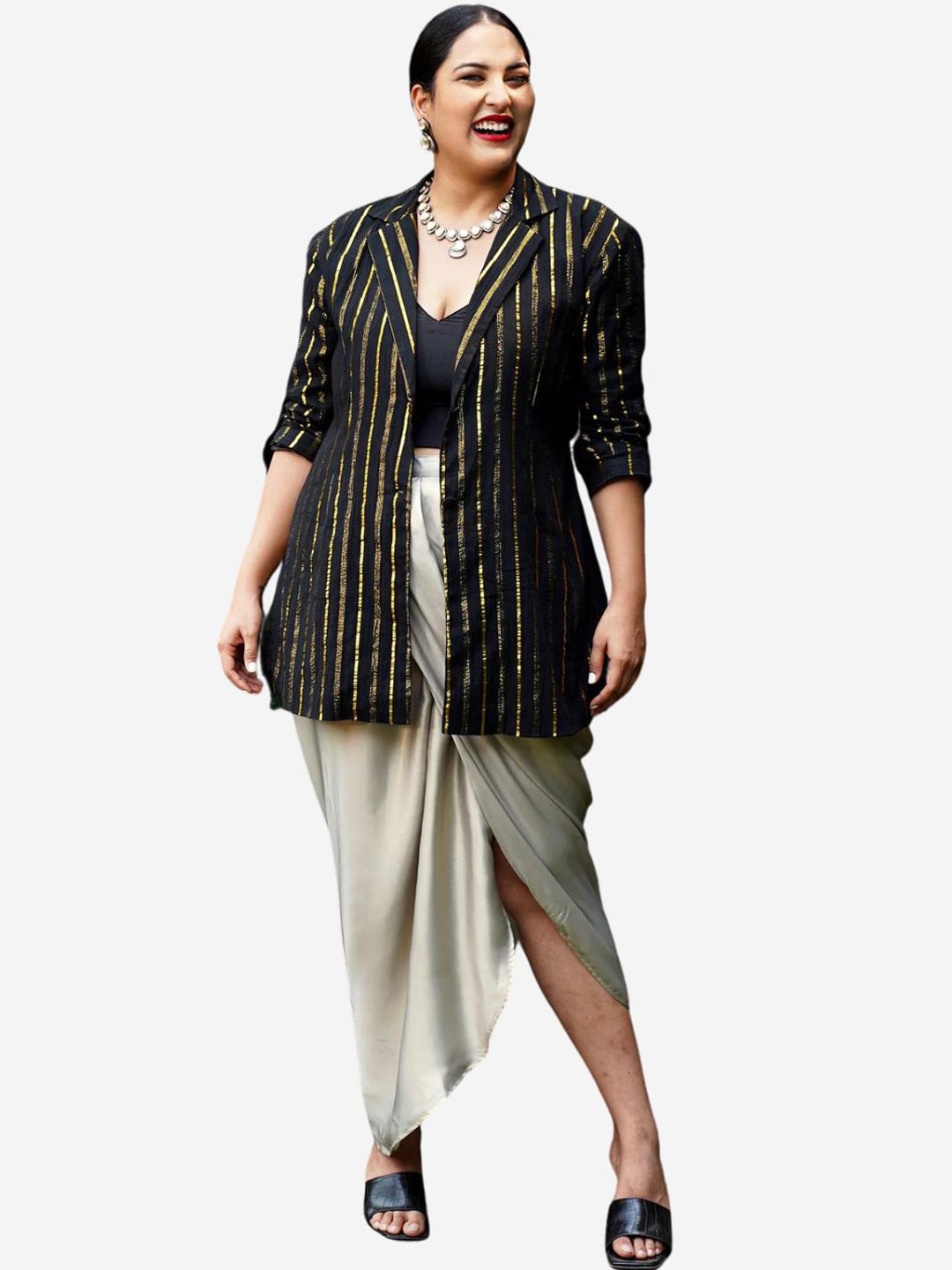 Alaya By Stage3 Women Black & Gold Striped Lurex Blazers Price in India