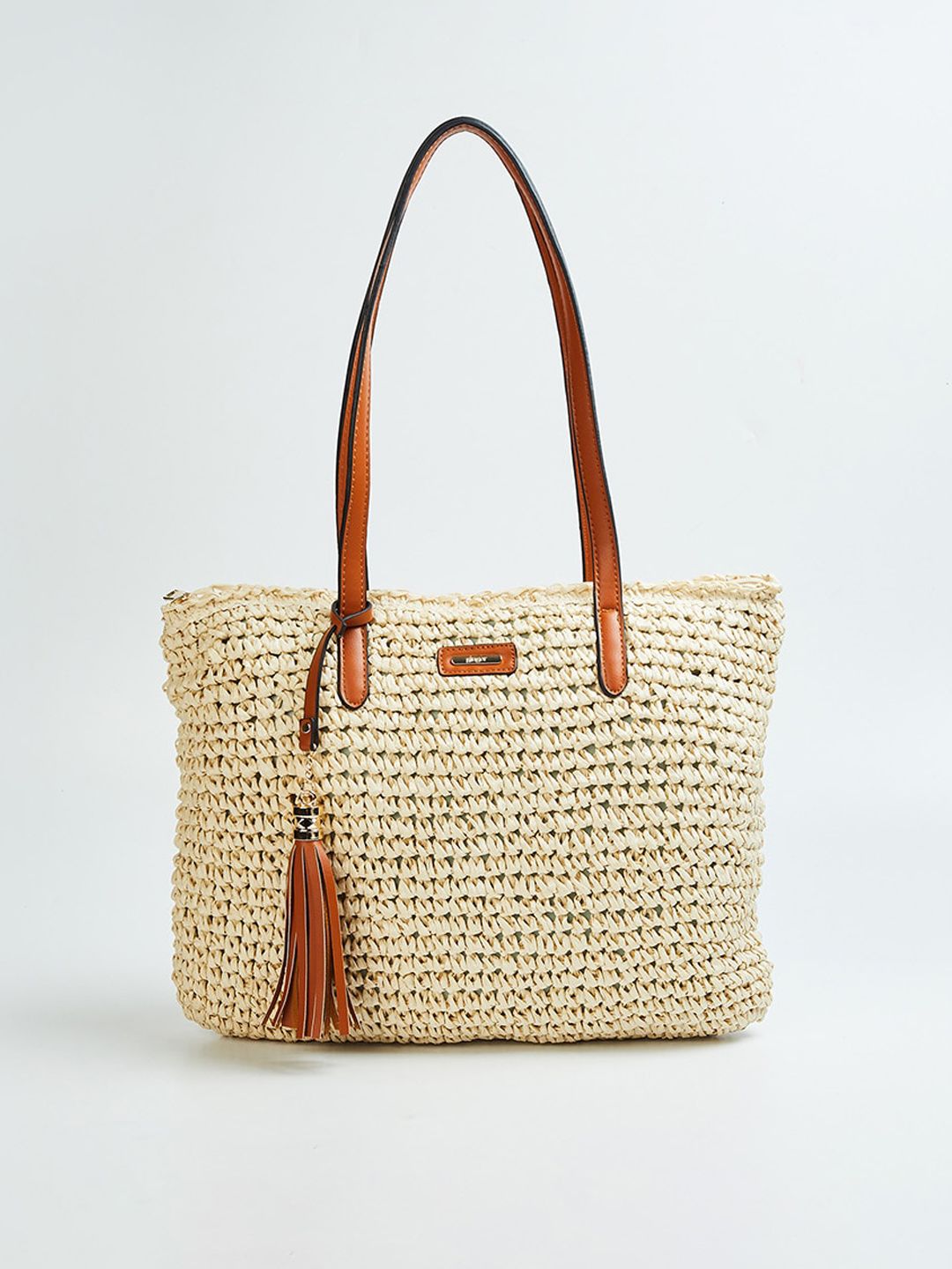 Ginger by Lifestyle Brown Textured Oversized Shopper Shoulder Bag with Tasselled Price in India