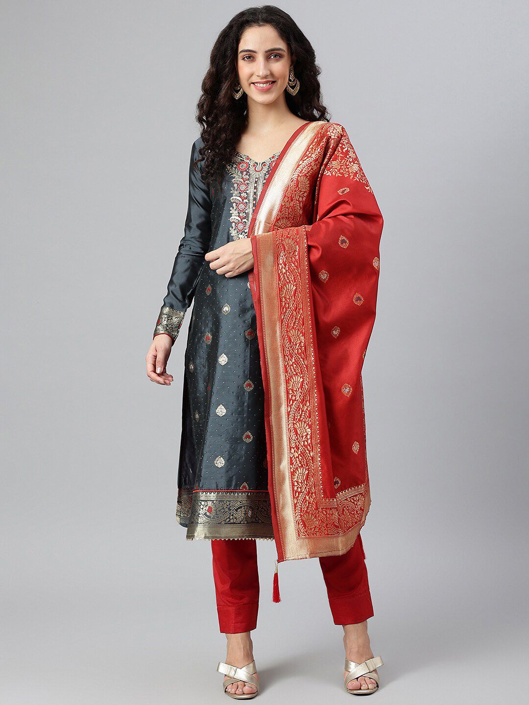 Lilots Grey & Red Unstitched Dress Material Price in India