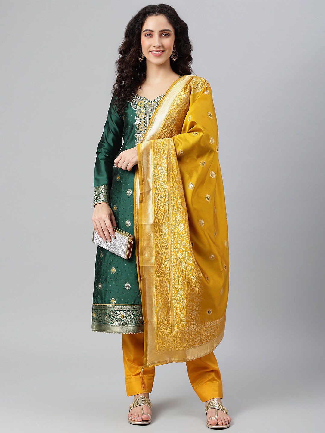 Lilots Green & Yellow Unstitched Dress Material Price in India