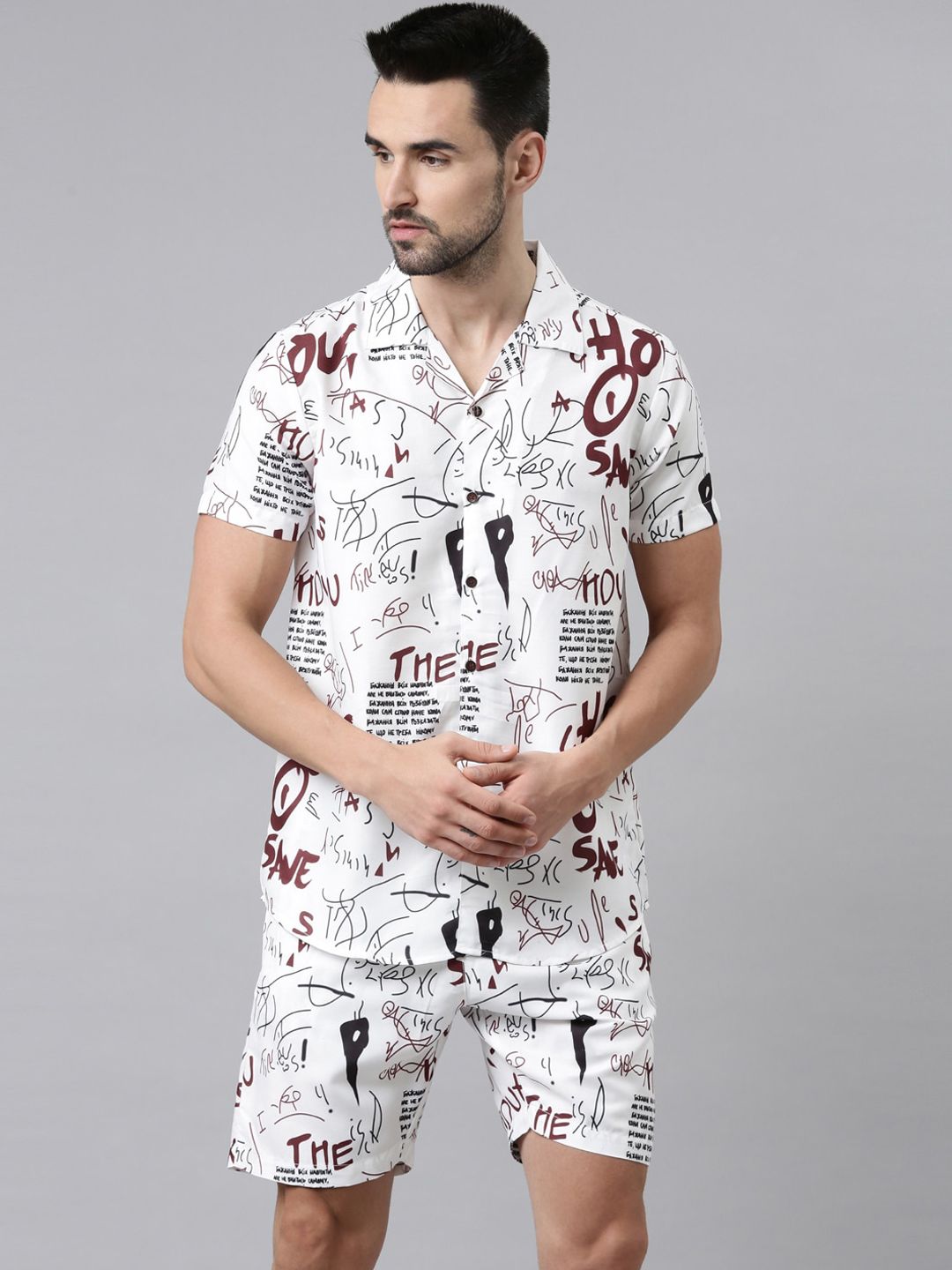 Bushirt Men White & Black Printed Night suit