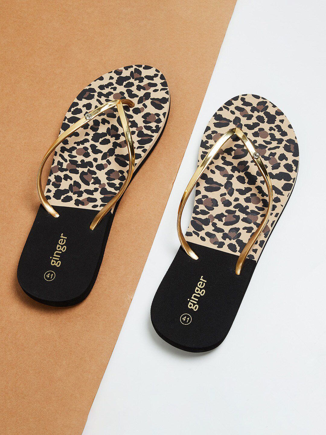 Ginger by Lifestyle Women Gold-Toned & Black Printed Thong Flip-Flops Price in India