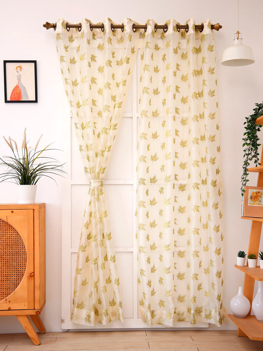 Ariana Green & Cream-Coloured Floral Sheer Long Door Curtain Price in India