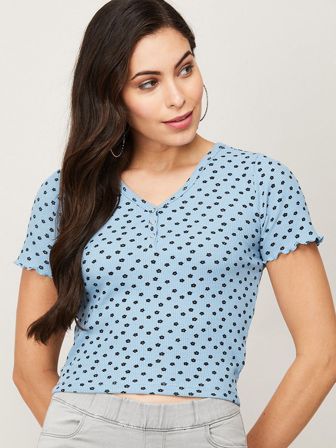Ginger by Lifestyle Blue Geometric Print Crop Top Price in India