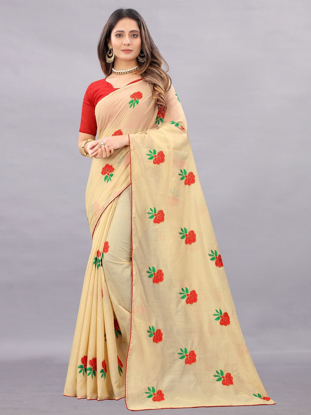 APNISHA Beige & Red Floral Embroidered Pure Cotton Saree
