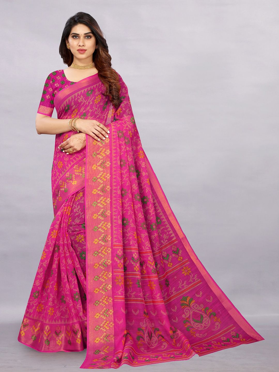 APNISHA Pink & Green Floral Zari Pure Cotton Saree