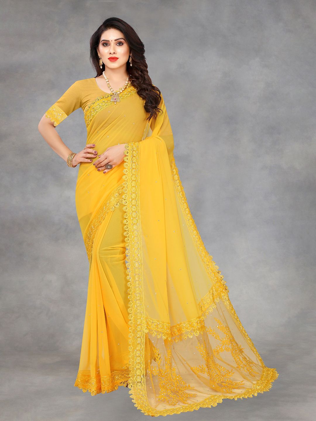 APNISHA Yellow Zari Pure Georgette Saree