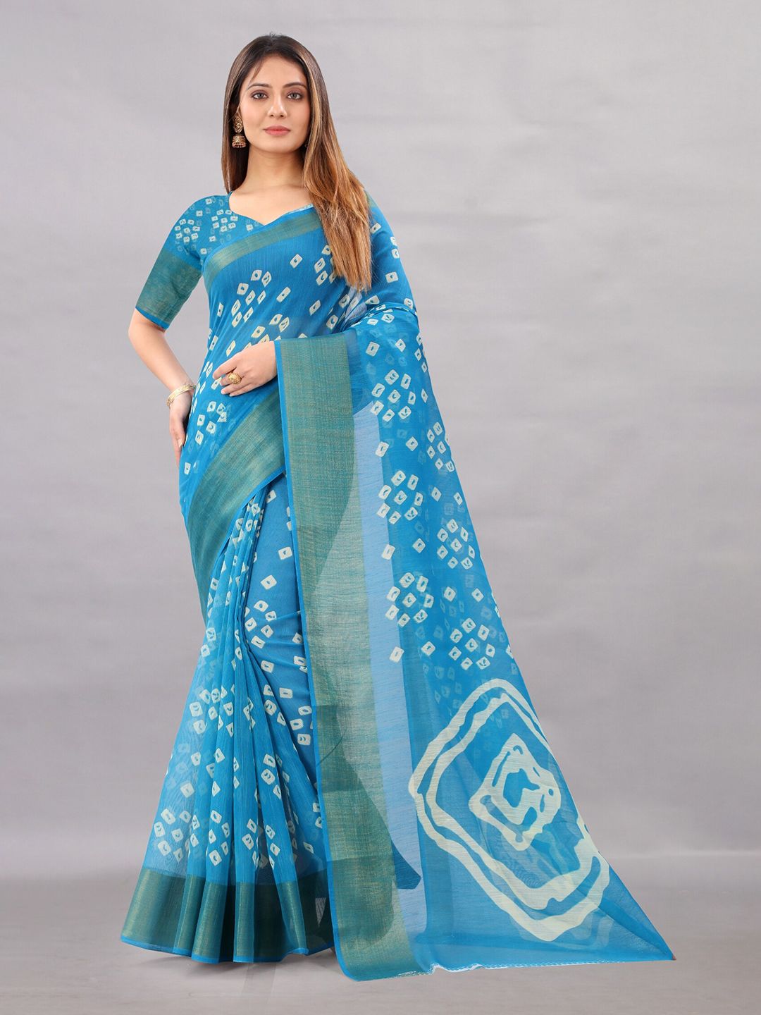 APNISHA Blue & White Bandhani Zari Pure Cotton Saree