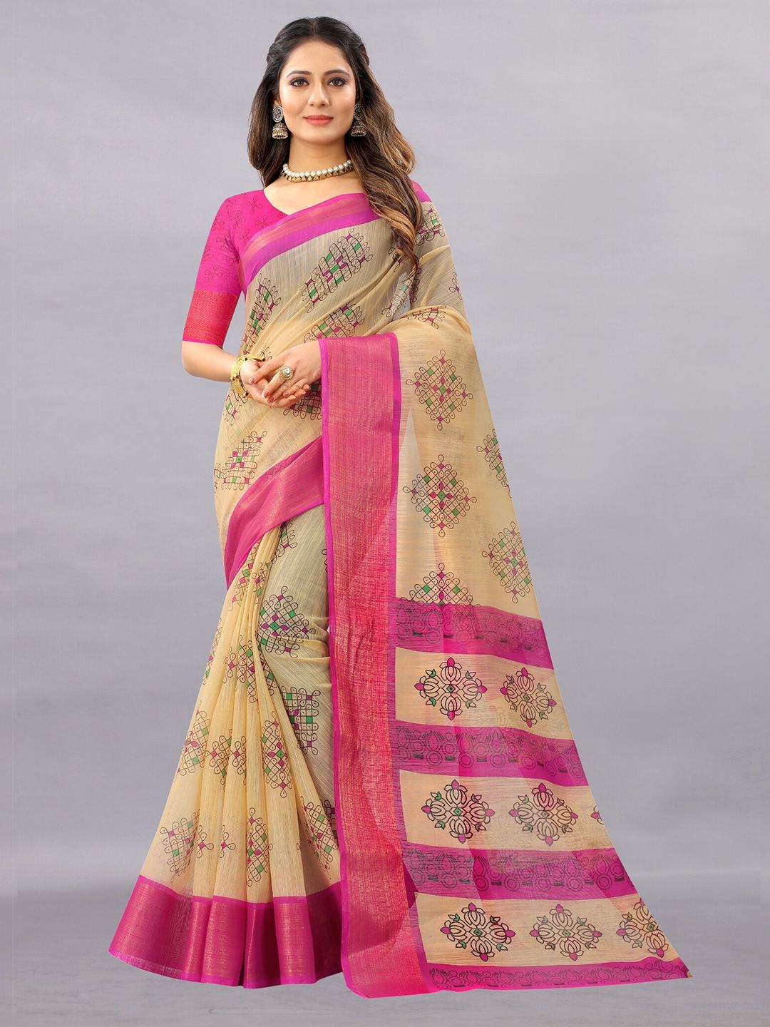 APNISHA Pink & Green Ethnic Motifs Zari Pure Cotton Saree