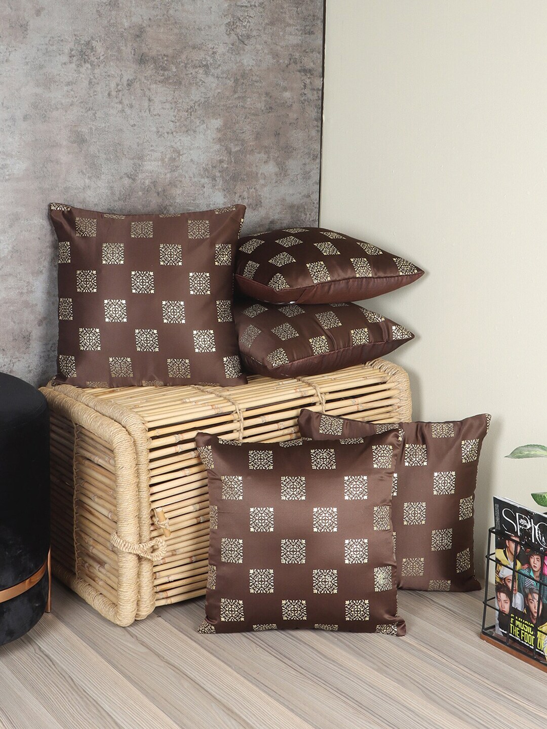 MFD HOME FURNISHING Coffee Brown & Gold-Toned Set of 5 Square Cushion Covers Price in India