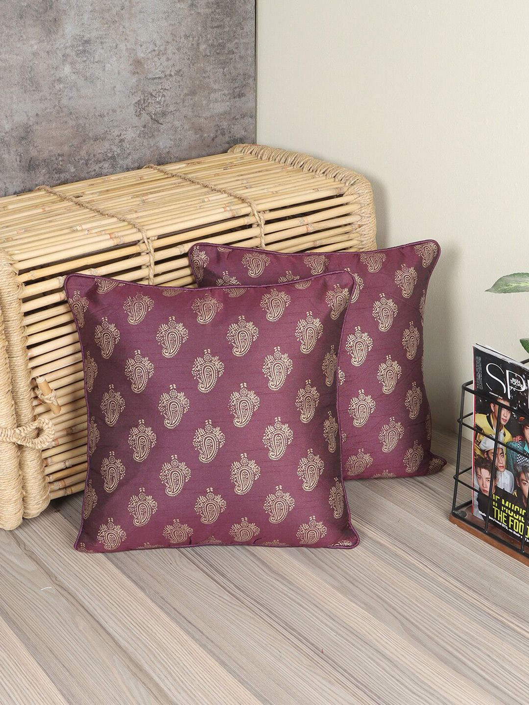 MFD HOME FURNISHING Purple & Beige Set of 2 Square Cushion Covers Price in India