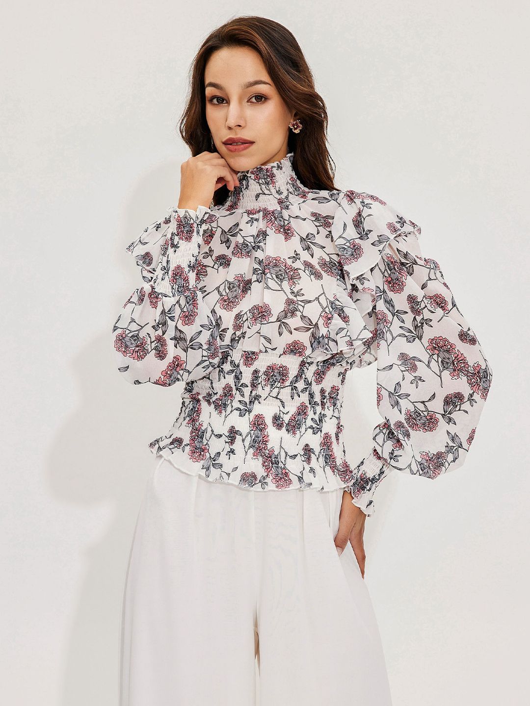 URBANIC White Floral Print Shirt Style Top Price in India