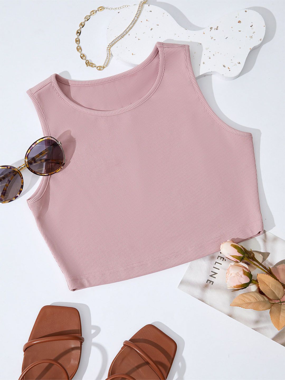 URBANIC Pink Ribbed Knitted Crop Top