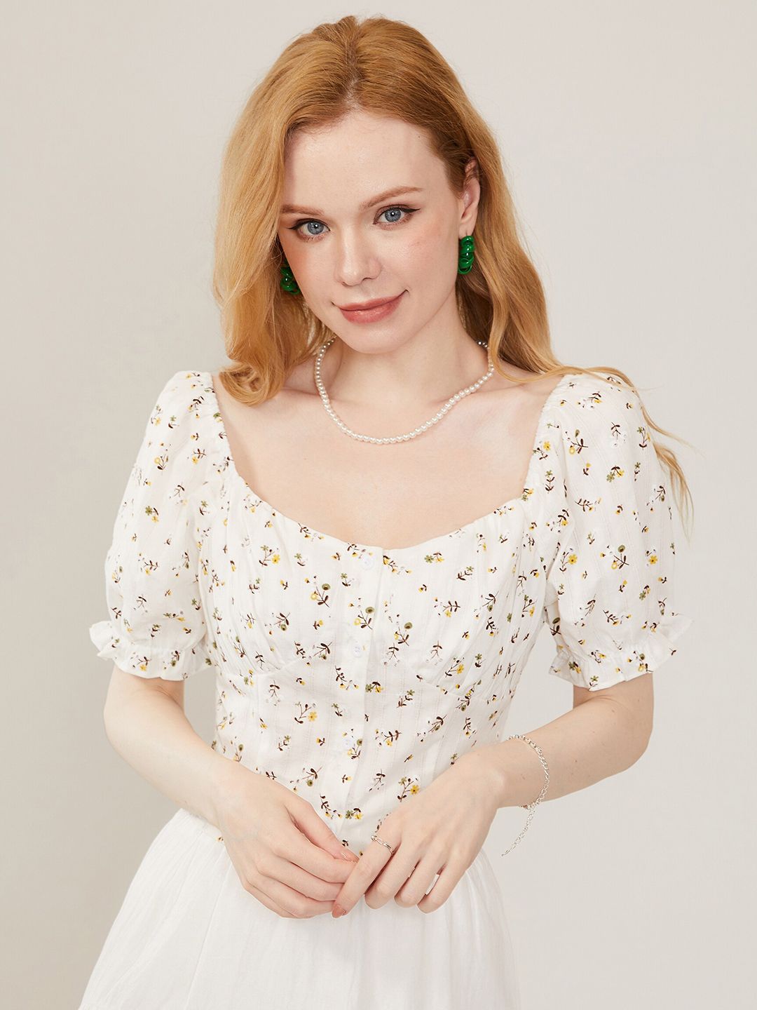 URBANIC White Floral Print Extended Sleeves Top Price in India