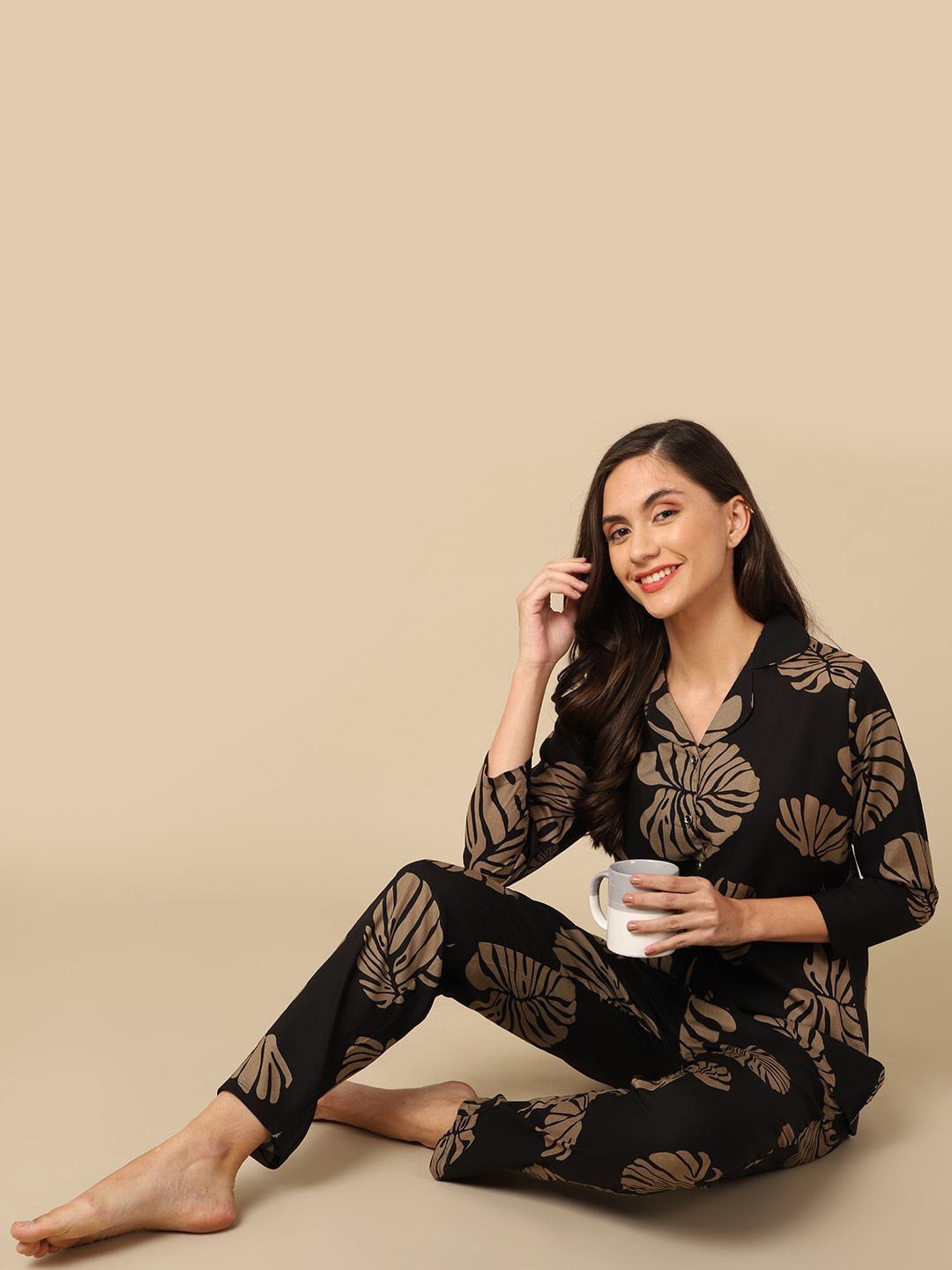 Boston Club Women Black & Brown Printed Night suit Price in India