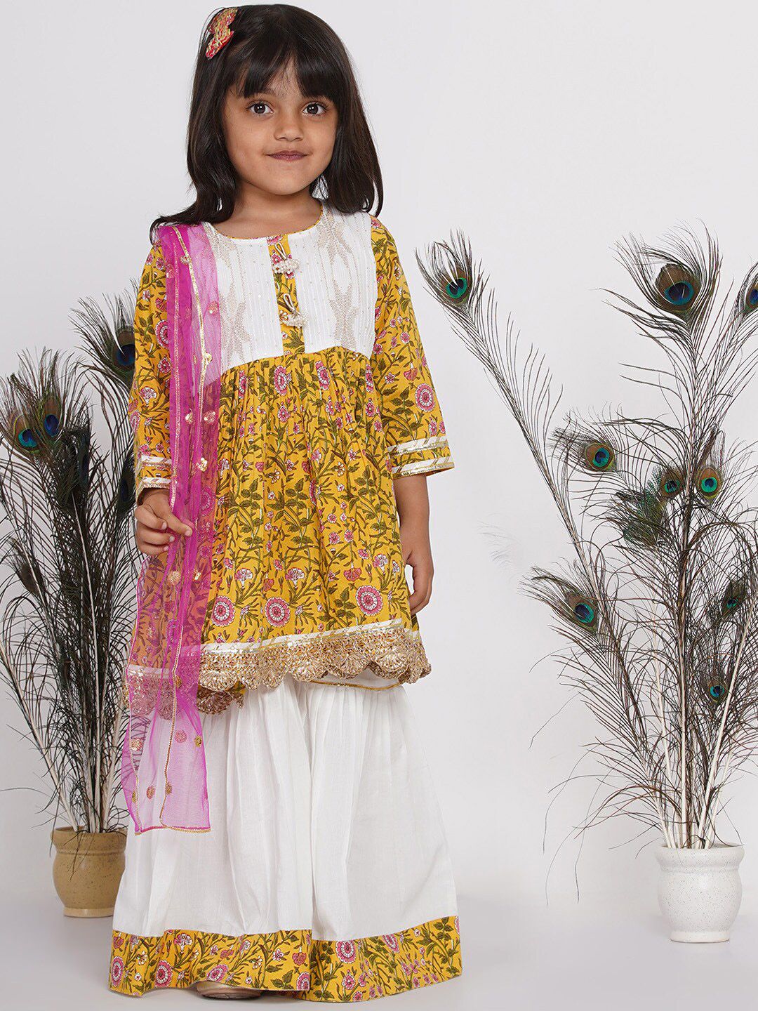 Little Bansi Girls Multicoloured Floral Pure Cotton Kurti with Skirt & With Dupatta