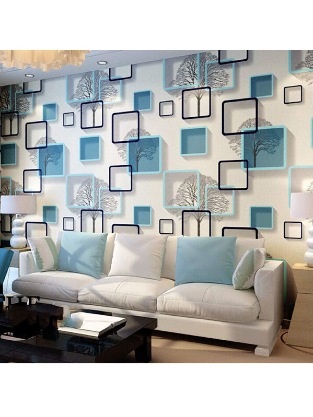 ANNA CREATIONS Blue & Black Geometric Printed Removable Wallpaper Price in India
