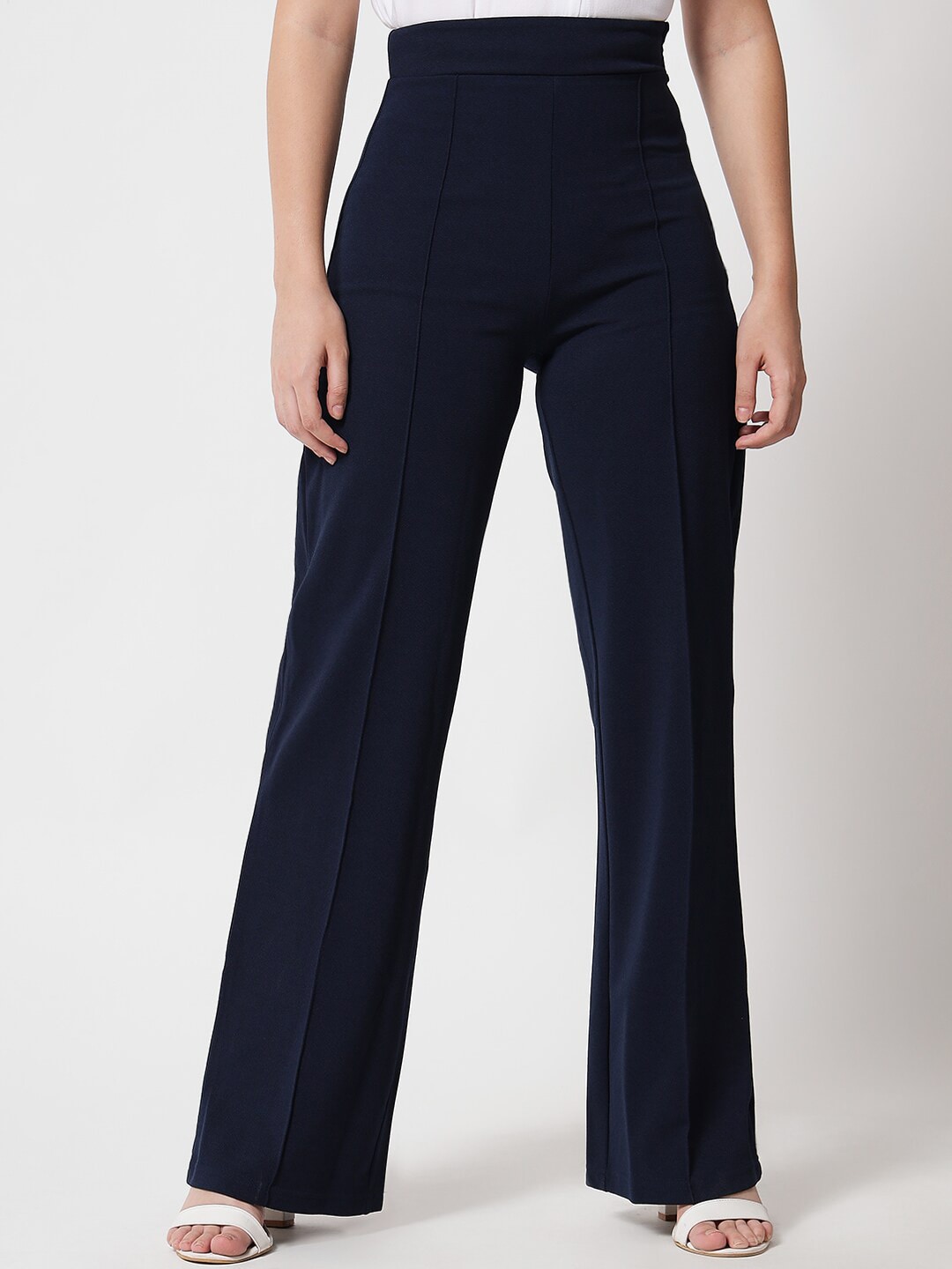 Kotty Women Navy Blue Relaxed Straight Fit High-Rise Easy Wash Trousers Price in India