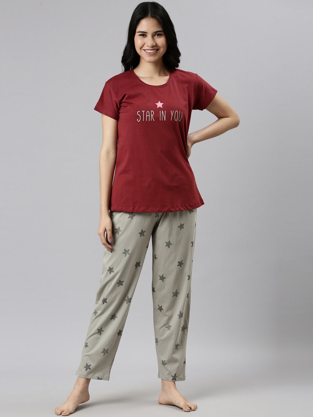 GOLDSTROMS Women Maroon & Grey Printed Night suit Price in India