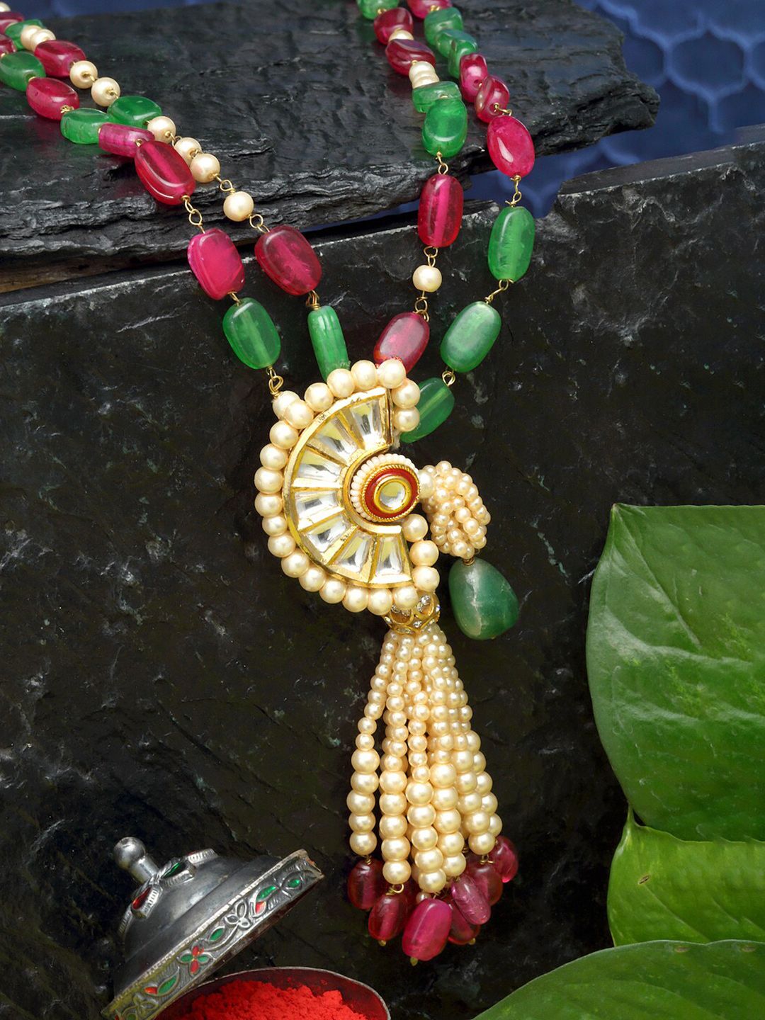 DUGRISTYLE Gold-Toned & Green Sterling Silver Gold-Plated Handcrafted Necklace Price in India
