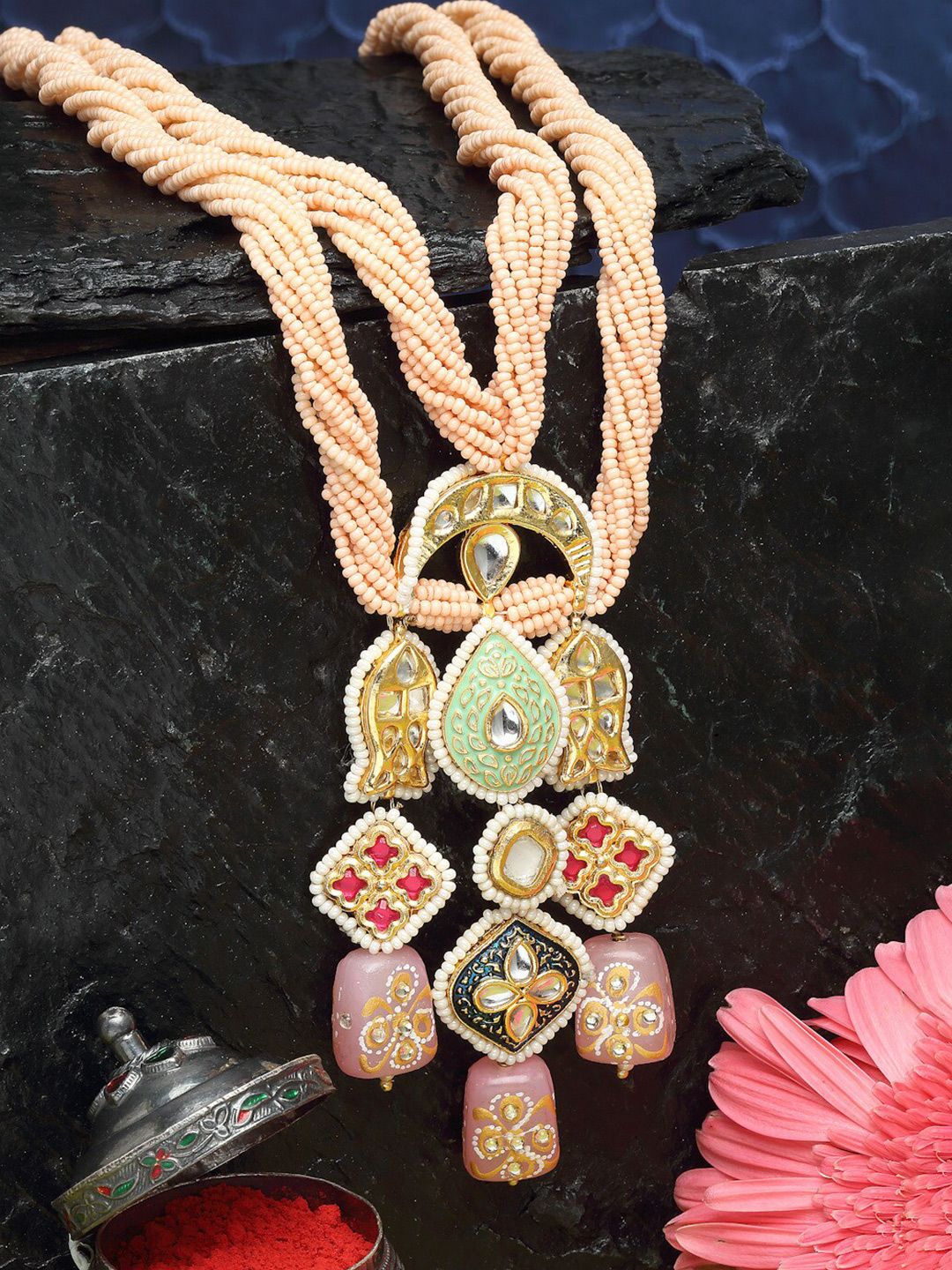 DUGRISTYLE Gold-Toned & Peach-Coloured Sterling Silver Gold-Plated Handcrafted Necklace Price in India