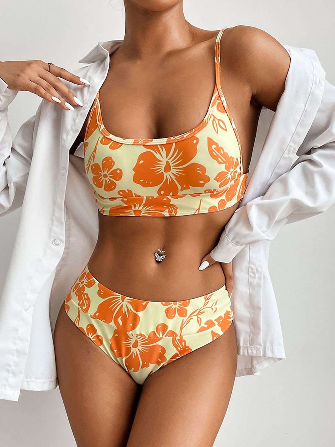 URBANIC Women Yellow & Orange Floral Backless Swim Bikini Set Price in India