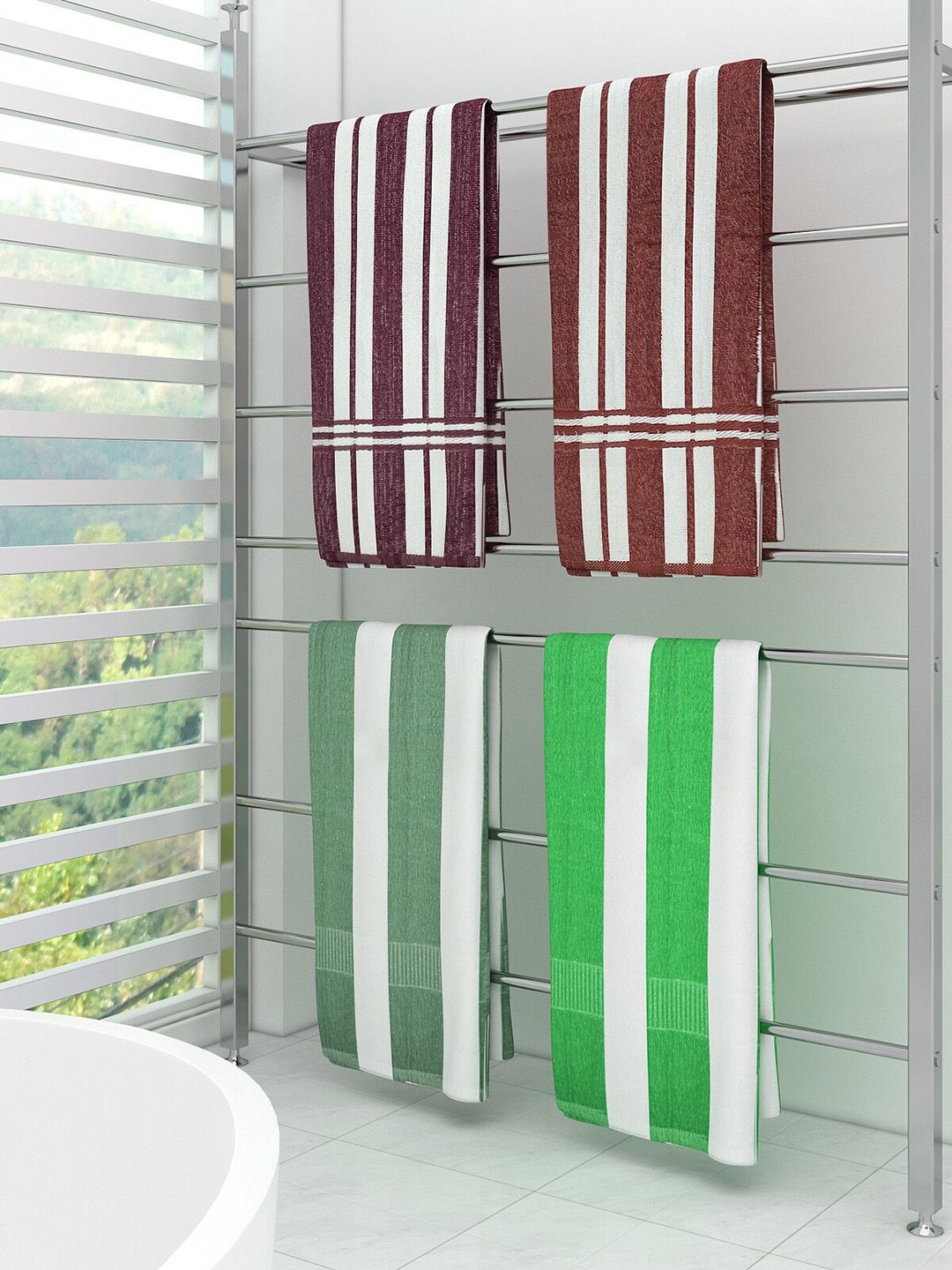 Athom Trendz Set Of 4 Green & Brown 300GSM Ecosaviour Striped Cotton Bath Towel Price in India