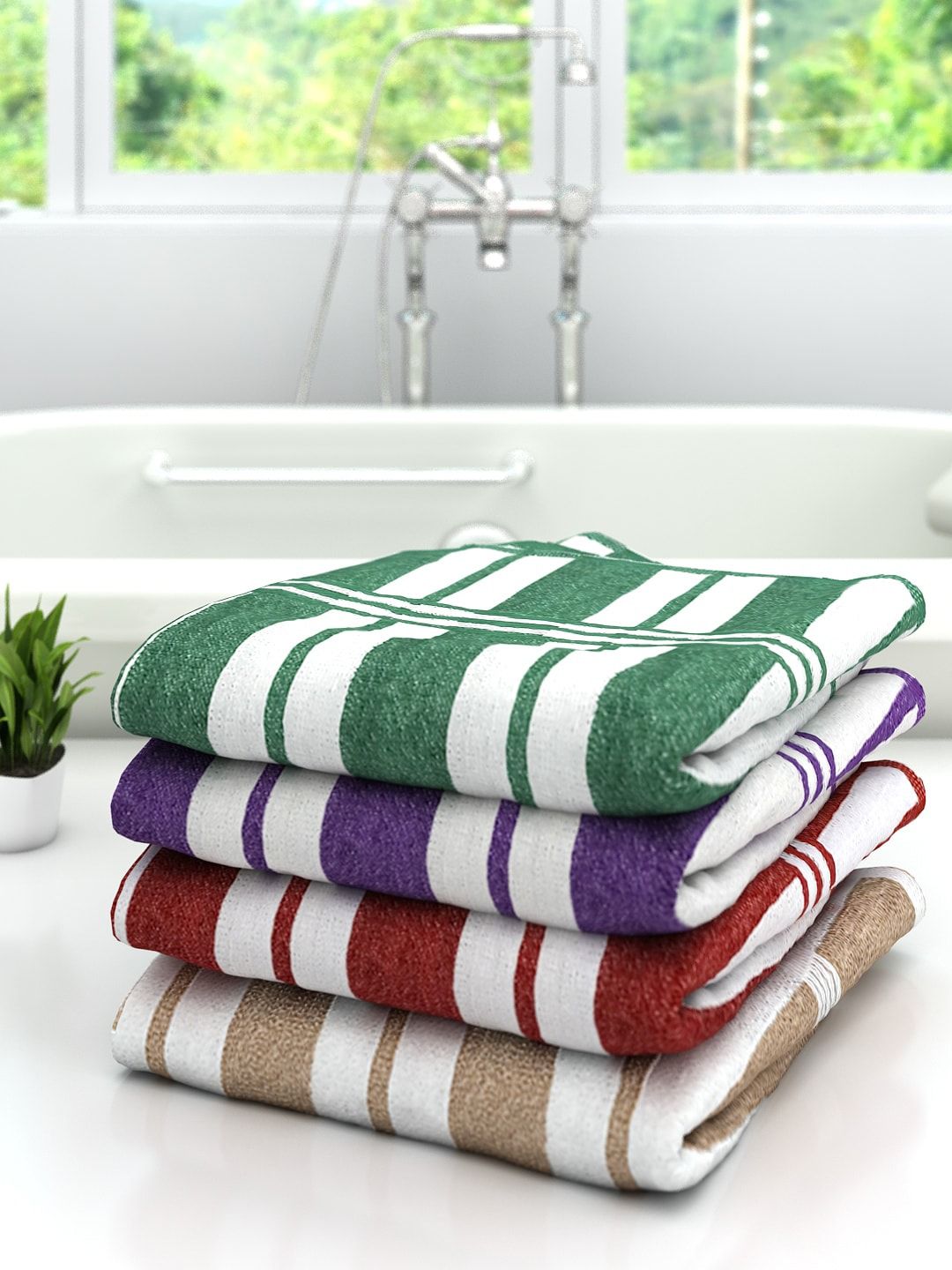 Athom Trendz Set Of 4 Striped 300 GSM Pure Cotton Bath Towels Price in India