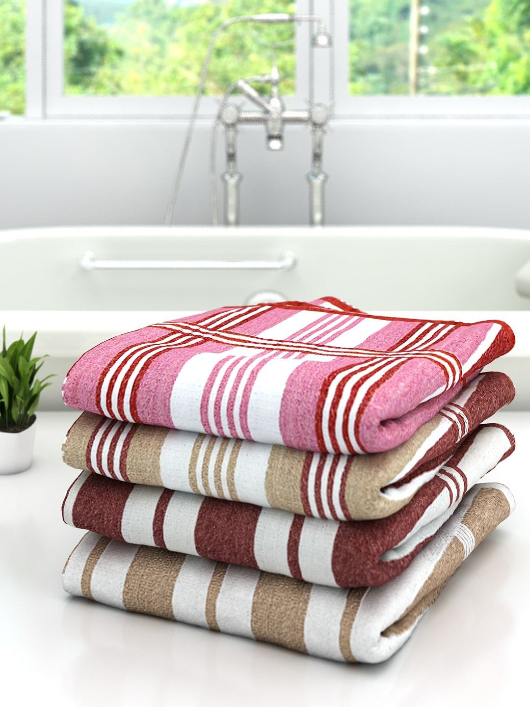 Athom Trendz Set Of 4 Striped 300 GSM Cotton Bath Towels Price in India