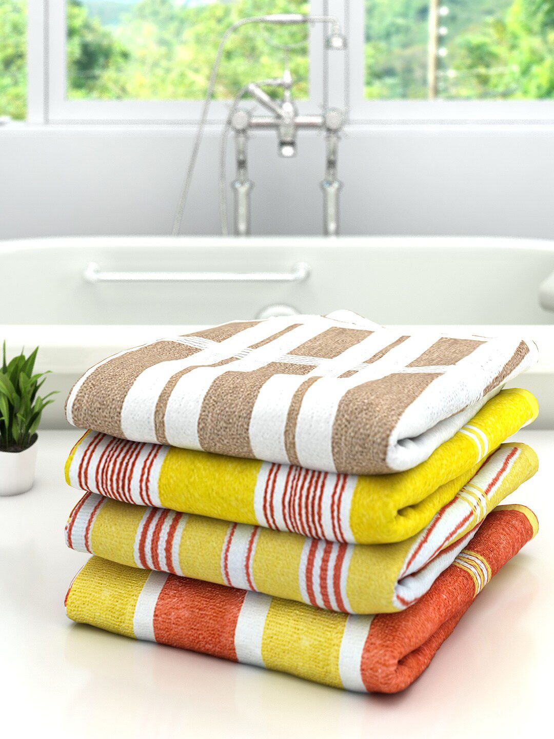 Athom Trendz Set of 4 Yellow & Red Striped Pure Cotton 300 GSM Bath Towel Price in India