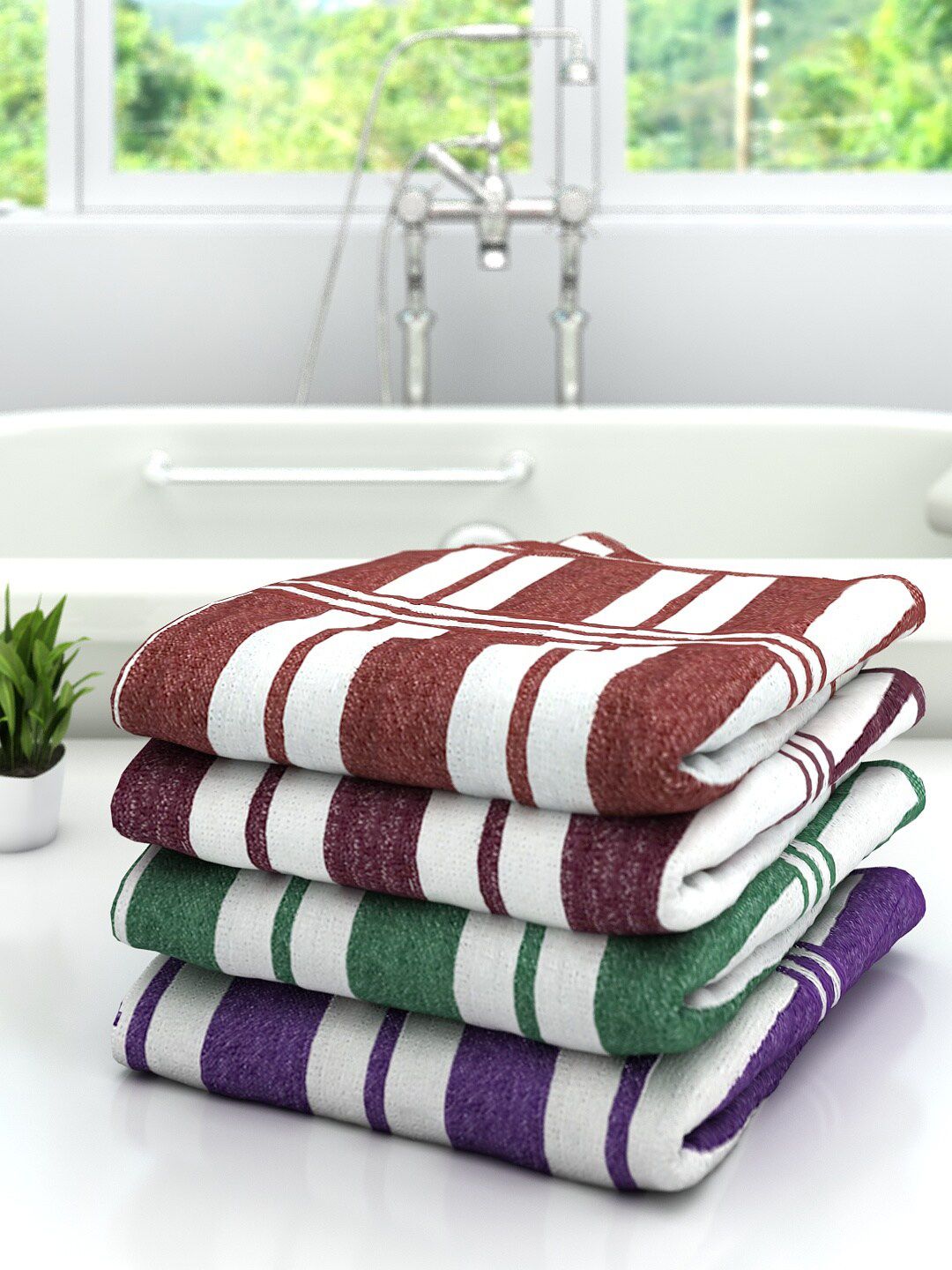 Athom Trendz Set Of 4 Striped 300 GSM Pure Cotton Bath Towels Price in India