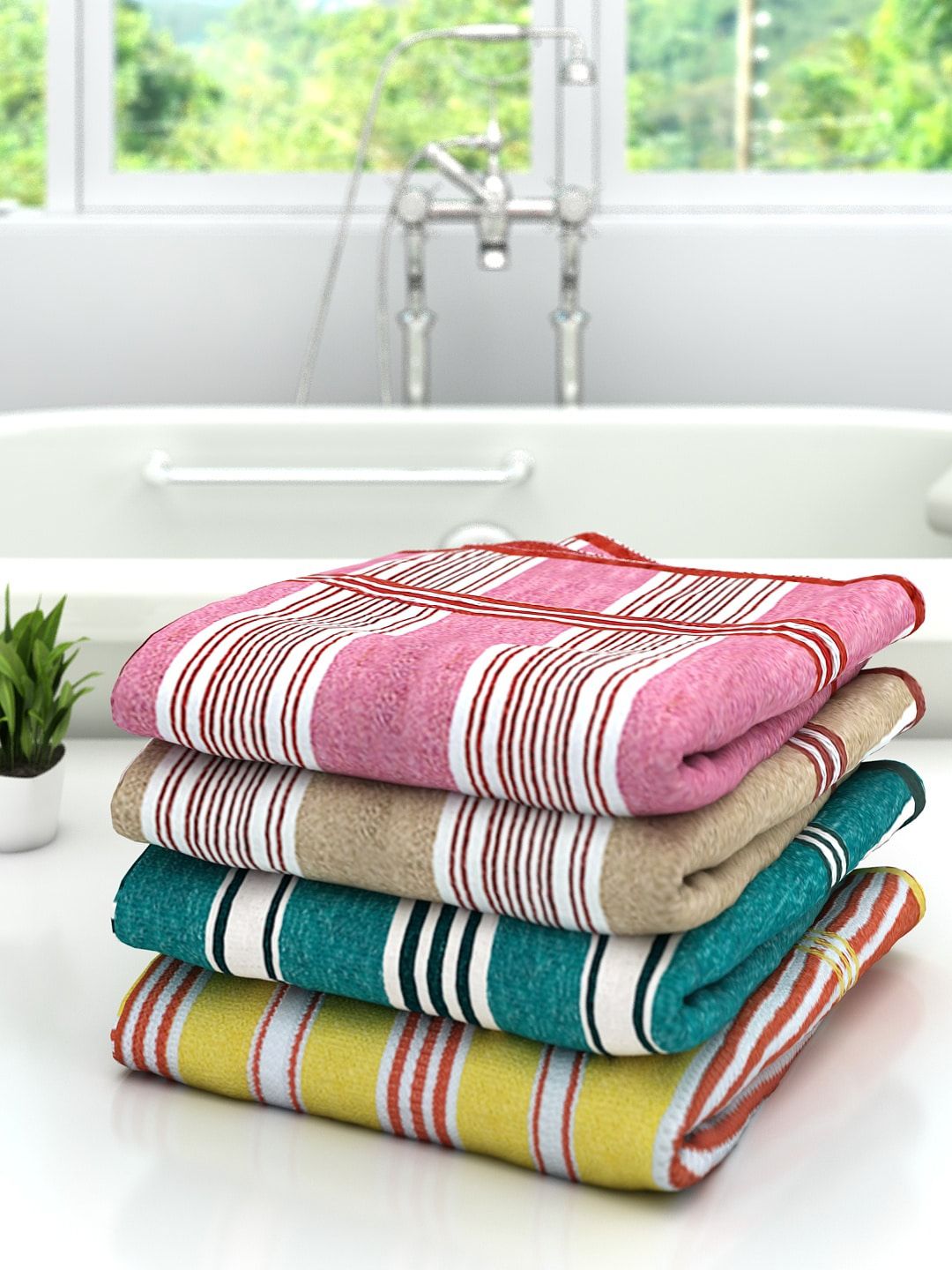 Athom Trendz Set Of 4 Striped 300 GSM Pure Cotton Bath Towels Price in India