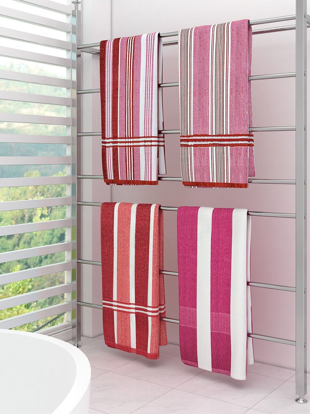 Athom Trendz Set Of 4 Striped Cotton 300 GSM Bath Towel Price in India