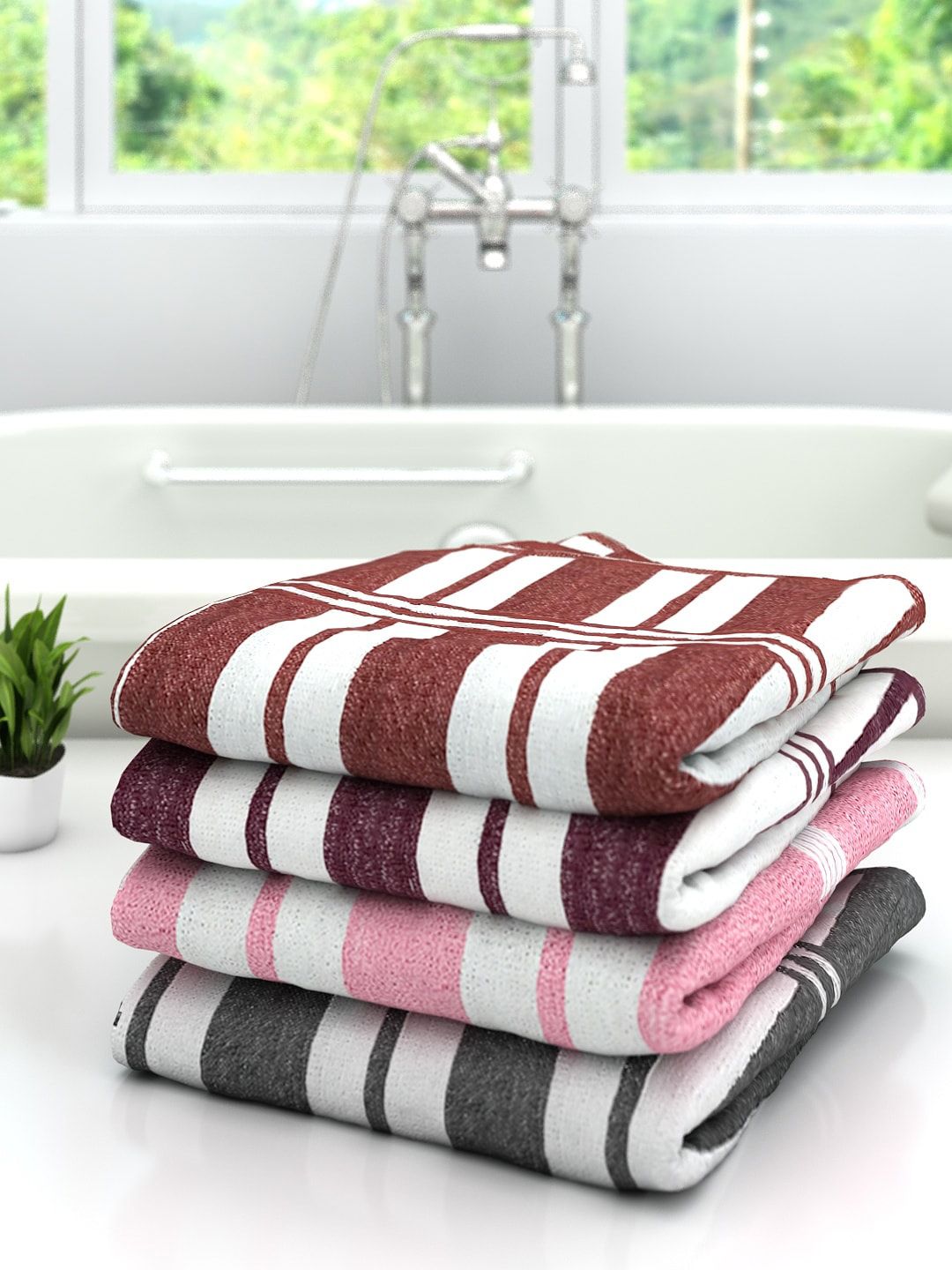 Athom Trendz Pack Of 4 Pink & Brown Striped 300 GSM Pure Cotton Bath Towels Price in India