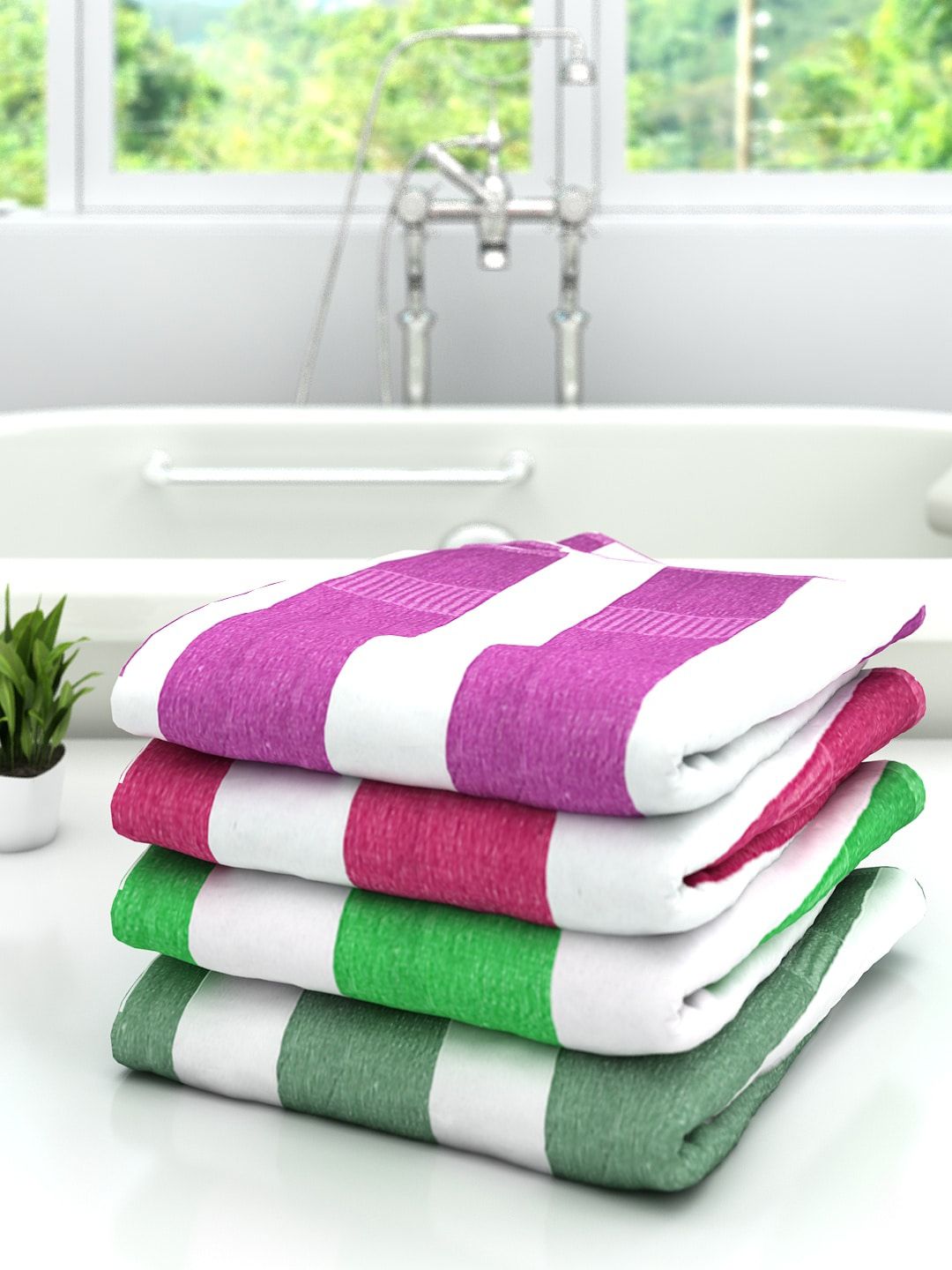 Athom Trendz Set Of 4 Striped 300 GSM Pure Cotton Bath Towels Price in India