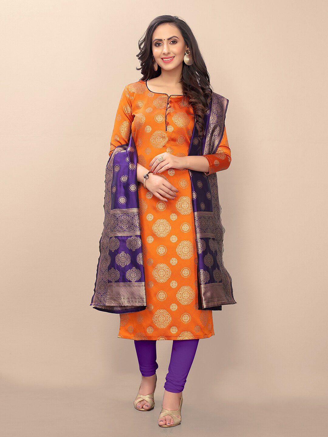 FASHION YOU Orange & Blue Unstitched Dress Material Price in India