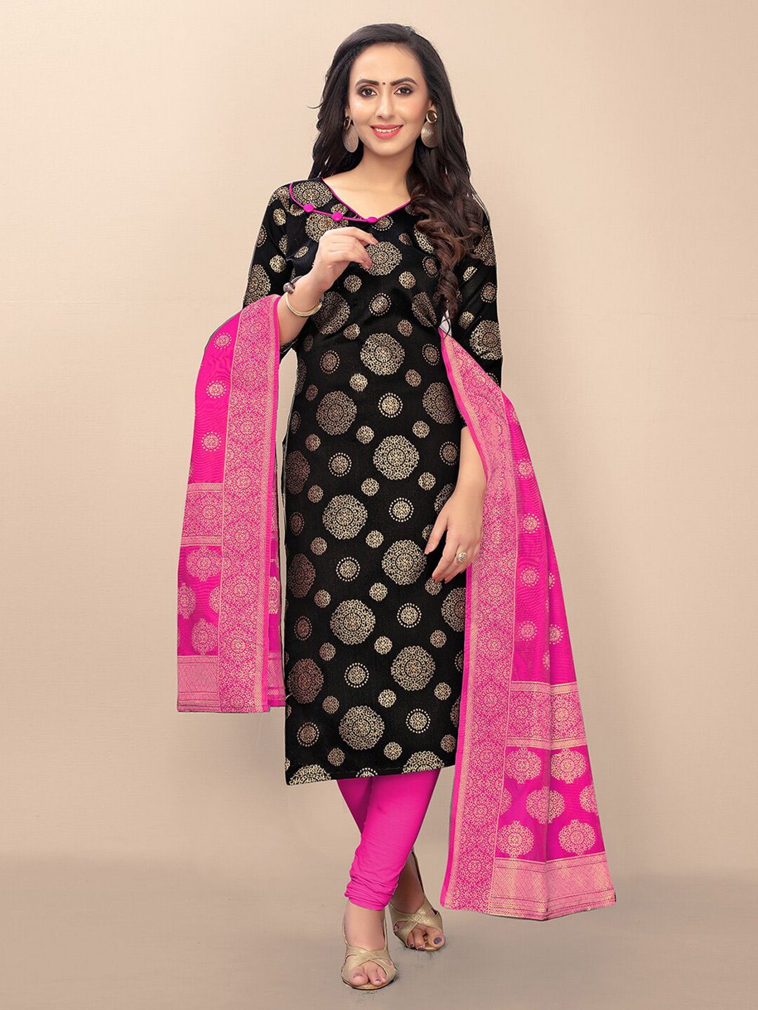 FASHION YOU Black & Pink Unstitched Dress Material Price in India