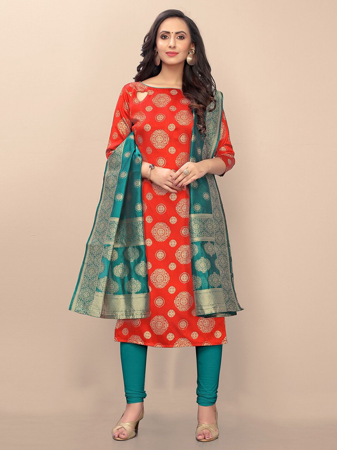 FASHION YOU Red & Green Unstitched Dress Material Price in India