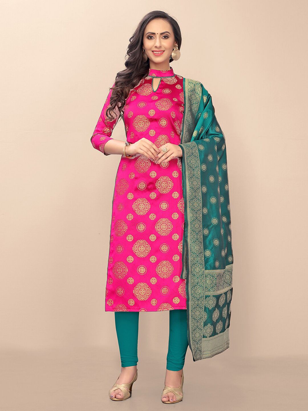 FASHION YOU Pink & Teal Unstitched Dress Material Price in India