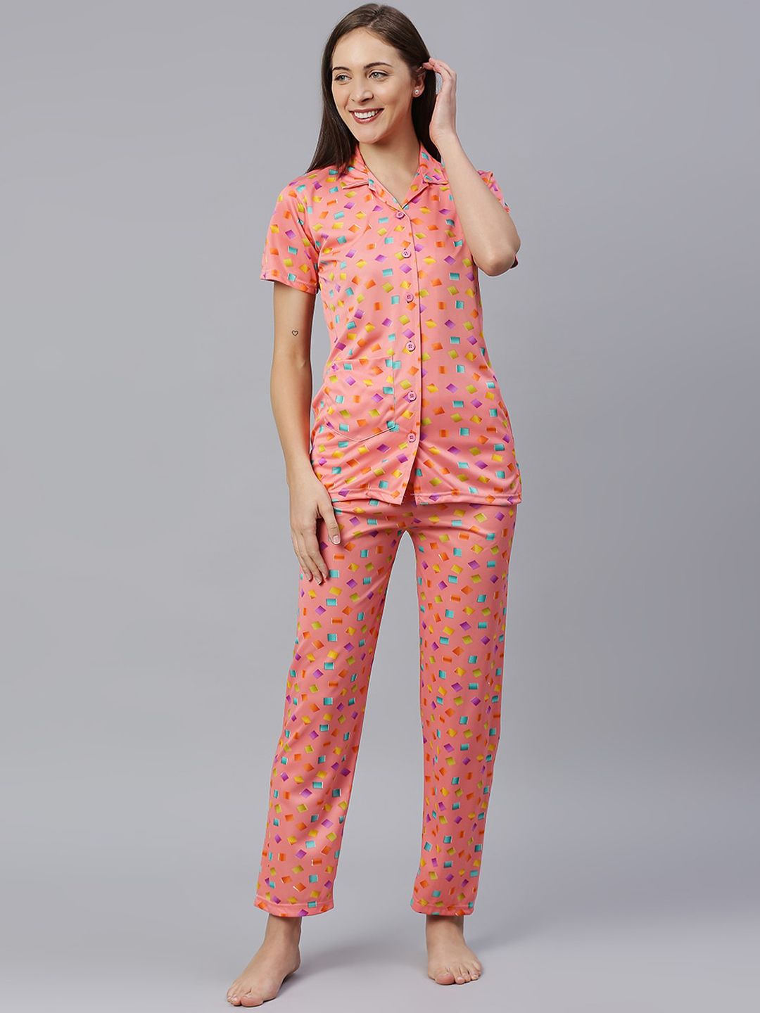 Pretty Awesome Women Peach-Coloured & Orange Printed Night suit Price in India
