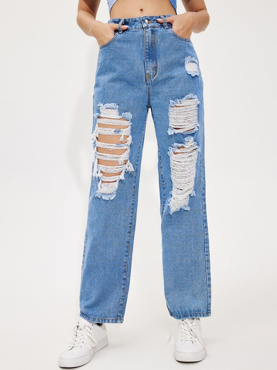 URBANIC Women Blue Highly Distressed Heavy Fade Jeans Price in India