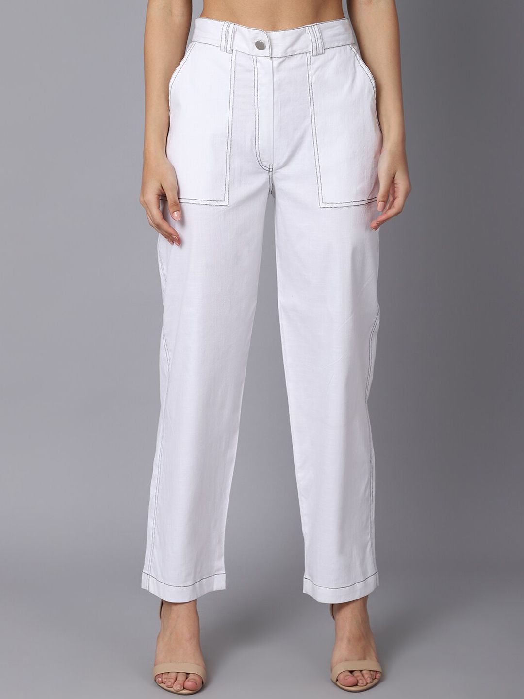 TAG 7 Women White Smart Straight Fit Trousers Price in India