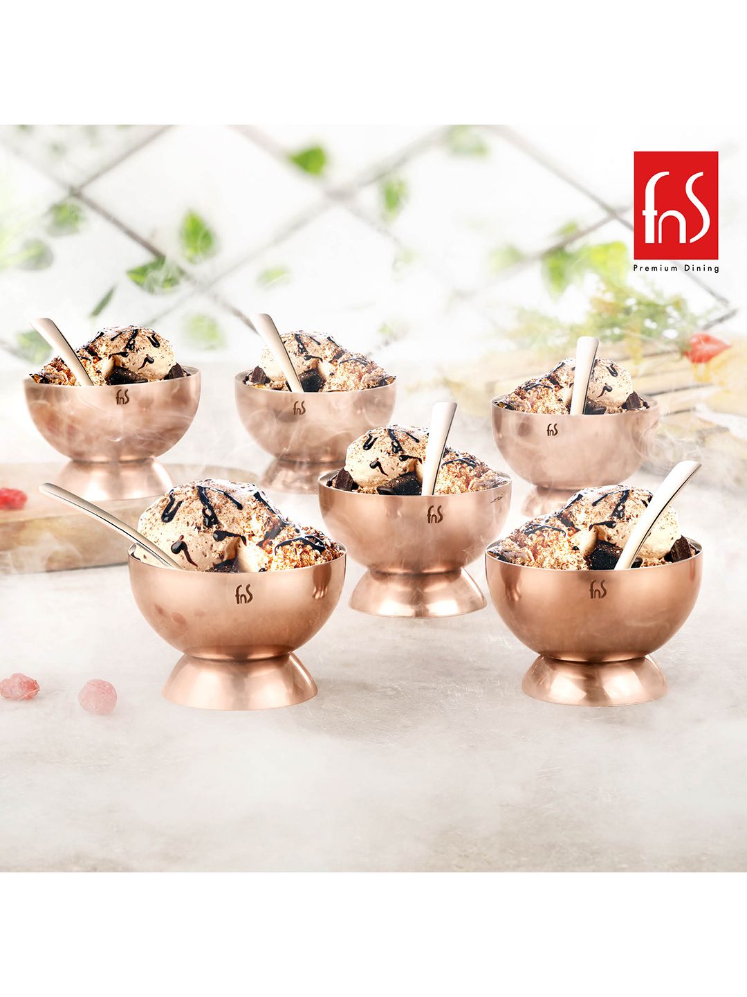 FNS  12 Pieces Rose Gold-Toned Stainless Steel Serving Bowl & Spoon Price in India