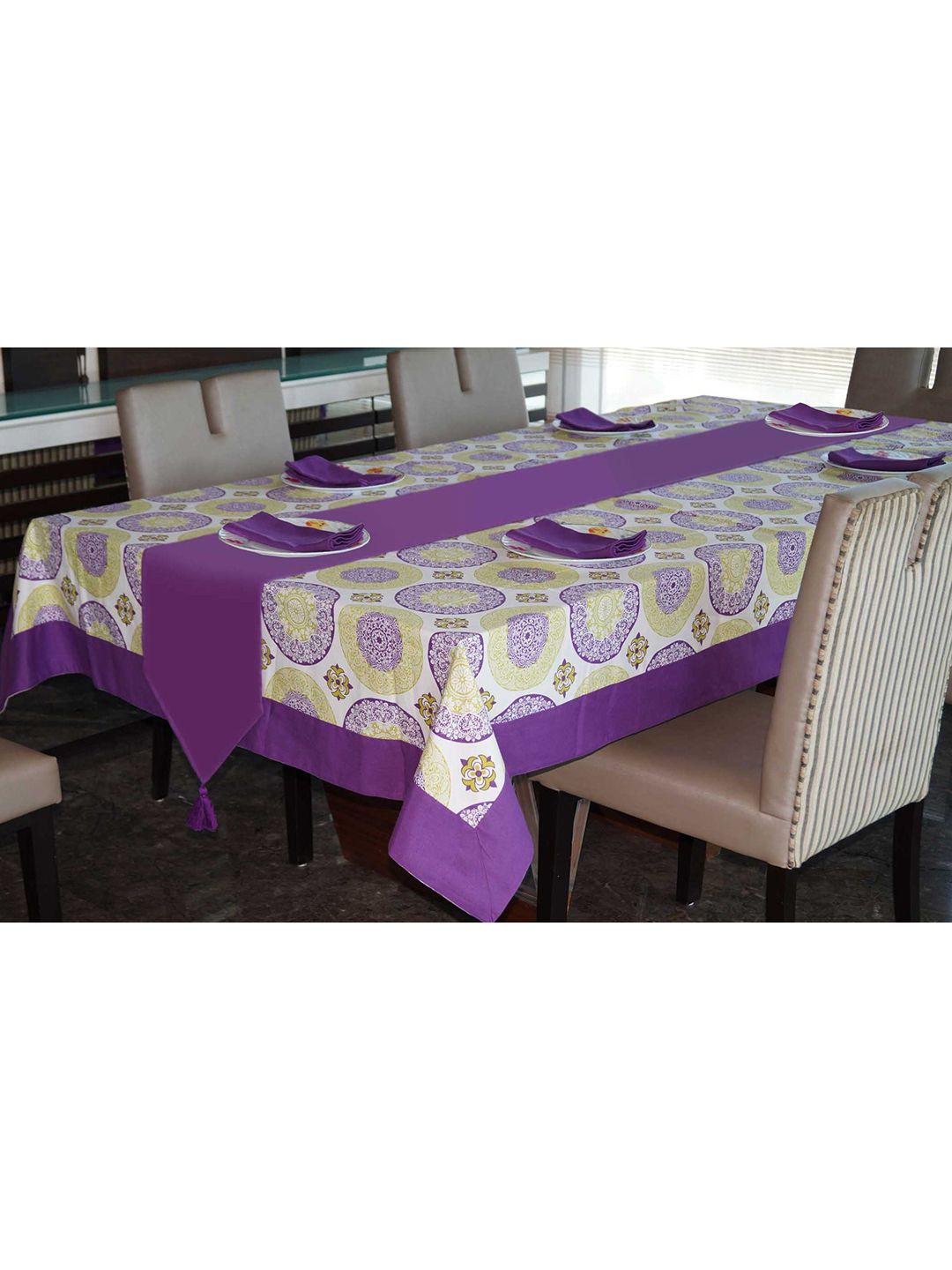 Lushomes Purple Bold Printed 6 Seater Small Cotton Linen Table Cloth Price in India