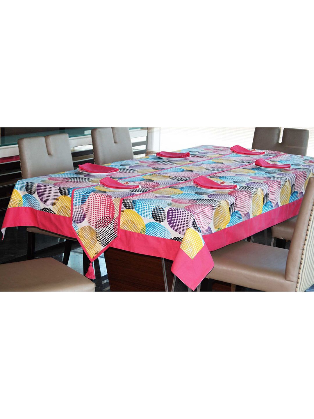 Lushomes Pink & Blue Abstract Printed 6 Seater Cotton Table Linen Set Price in India
