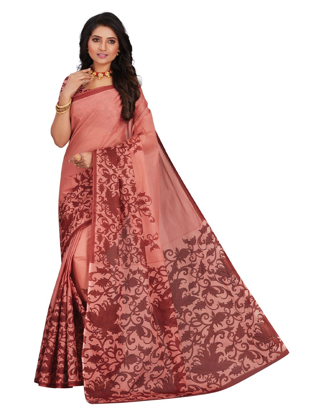 SHANVIKA Peach-Coloured & Maroon Floral Printed Pure Cotton Saree Price in India