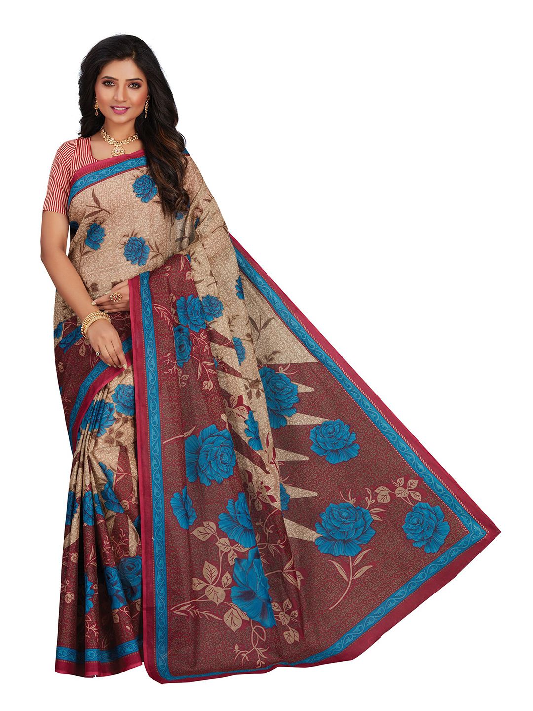 SHANVIKA Beige & Maroon Floral Pure Cotton Block Print Saree Price in India