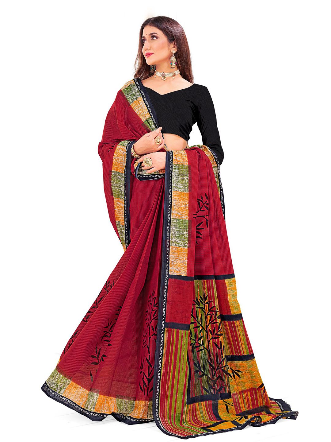 SHANVIKA Red & Yellow Floral Pure Cotton  Block Print Saree Price in India