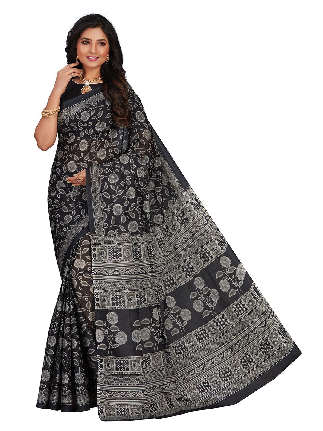 SHANVIKA Black Floral Pure Cotton Block Print Saree Price in India
