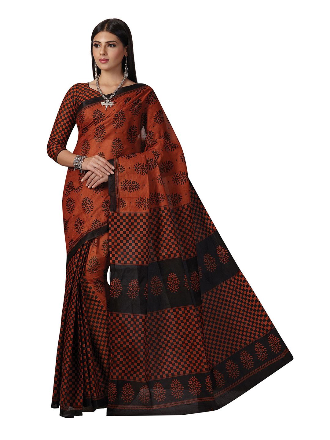 SHANVIKA Rust & Black Ethnic Motifs Pure Cotton Block Print Saree Price in India